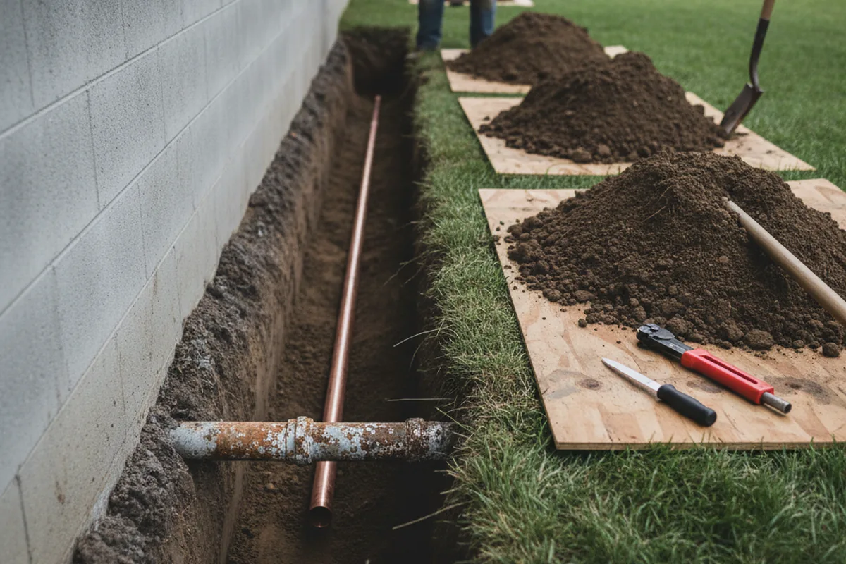Excavated water line trench during Sewer Line Repair in Fordland
